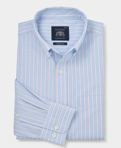 Blue Pink Cotton Poplin Classic Fit Stripe Button-Down Smart Casual Shirt