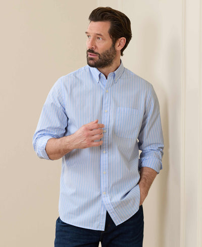 Blue Pink Cotton Poplin Classic Fit Stripe Button-Down Smart Casual Shirt
