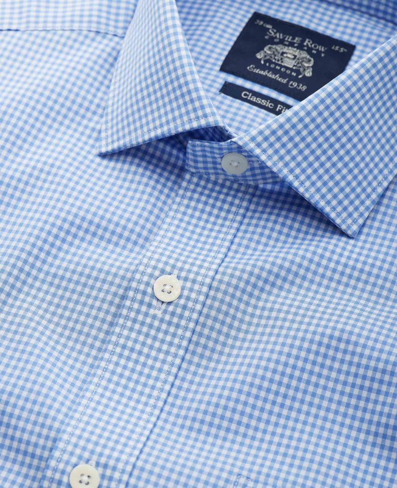 Blue Poplin Classic Fit Gingham Formal Shirt - Single Cuff