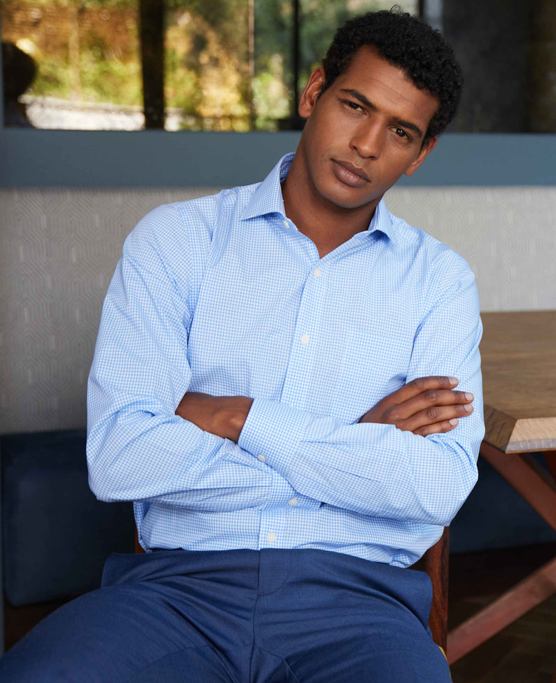 Men's Blue Classic Poplin Gingham Formal Shirt With Single Cuffs