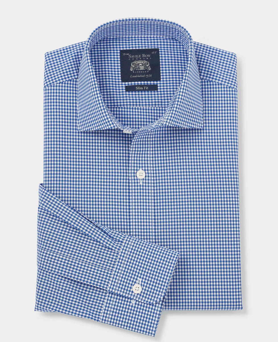 Men's Blue Slim Fit Poplin Gingham Formal Shirt With Single Cuffs