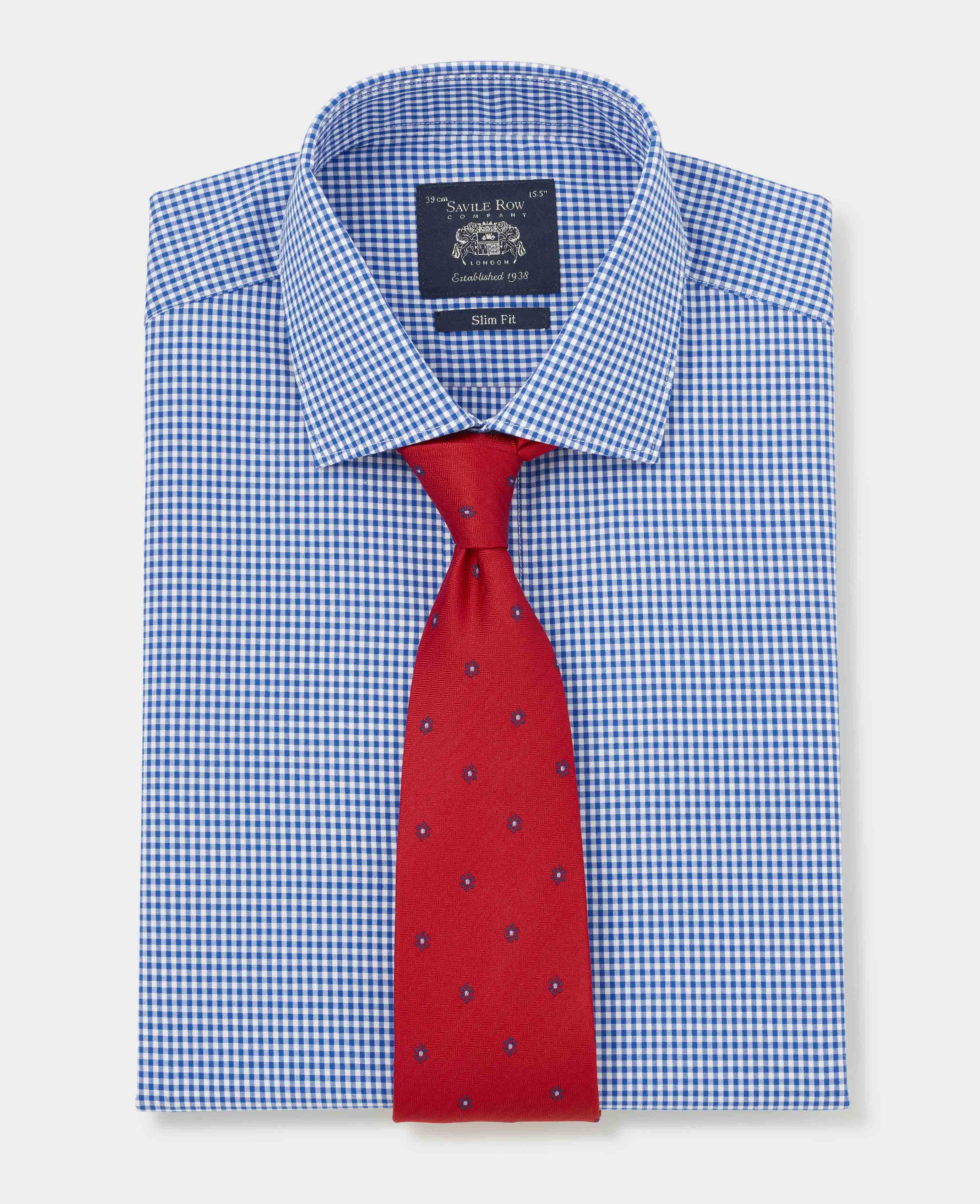 Men s Blue Slim Fit Poplin Gingham Formal Shirt With Single Cuffs Savile Row Company