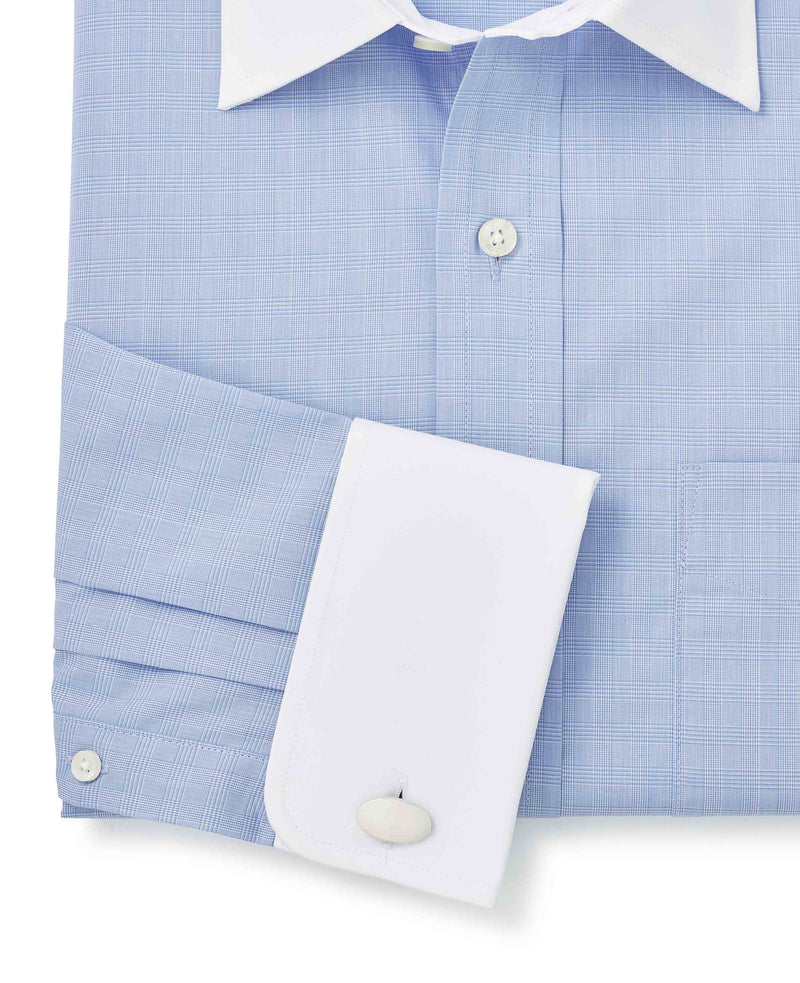 Blue White Prince of Wales Check Classic Fit Formal Shirt With White Collar & Cuffs - Double Cuff