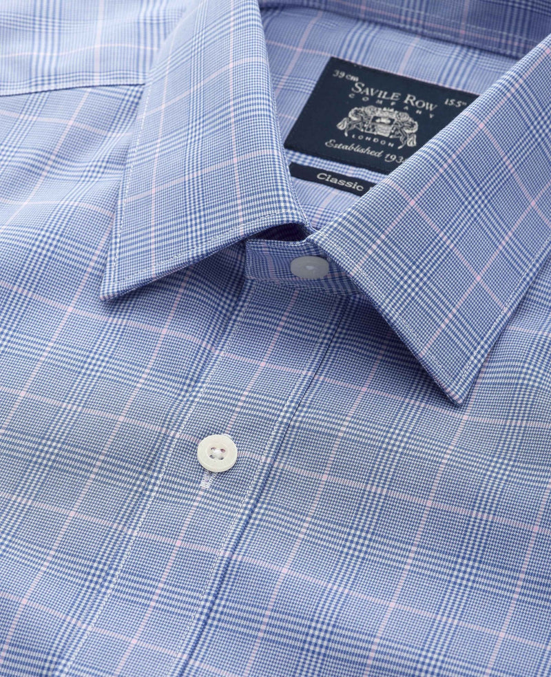 Blue Prince of Wales Check Cotton Classic Fit Winchester Formal Shirt - Double Cuff