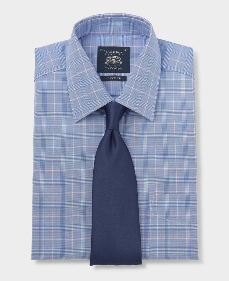 Blue Prince of Wales Check Cotton Classic Fit Winchester Formal Shirt - Double Cuff