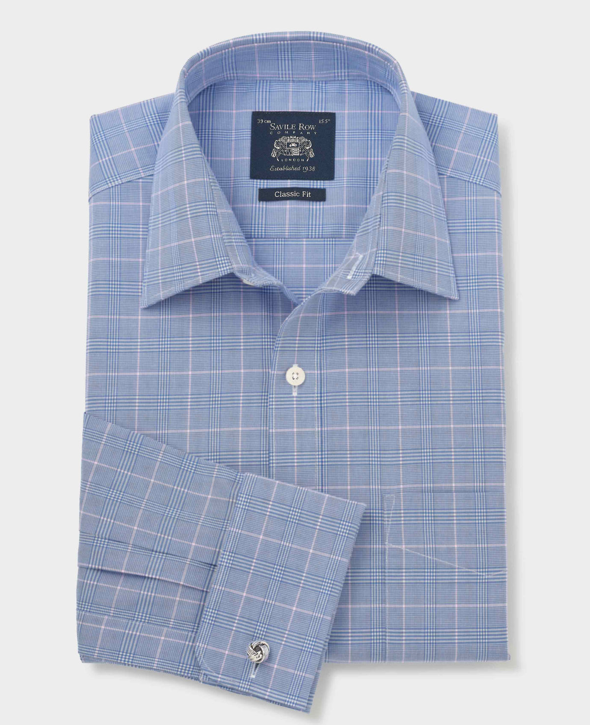 Men's Blue Prince of Wales Check Cotton Classic Fit Winchester Formal Shirt With Double Cuffs folded shot