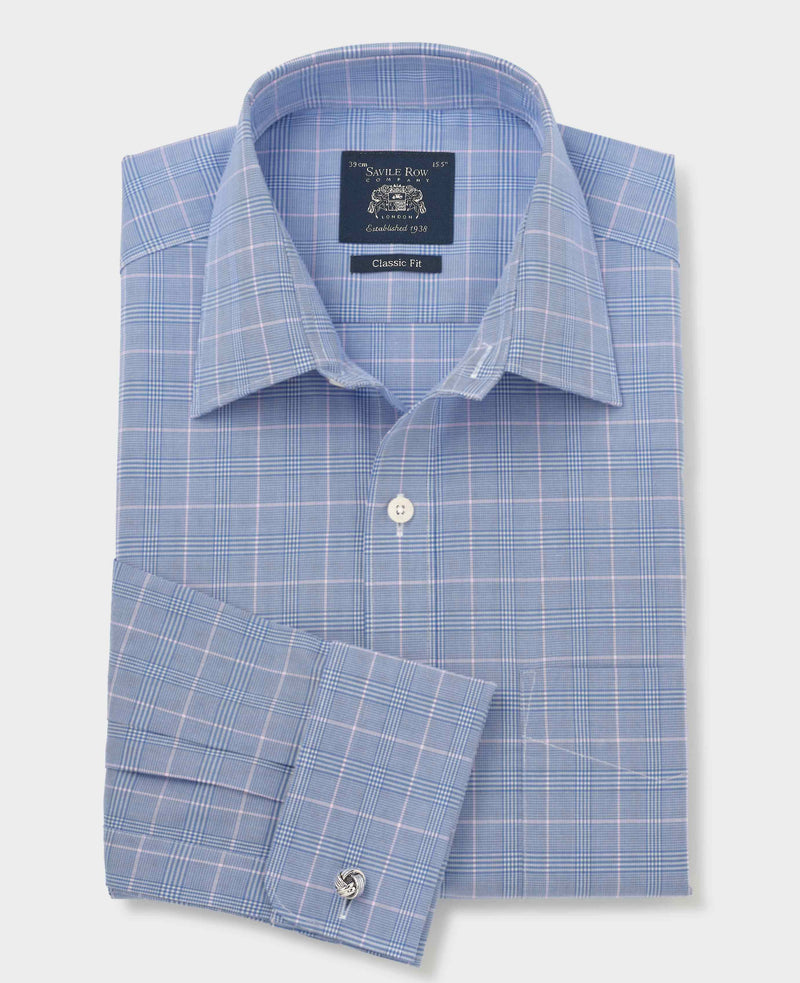 Blue Prince of Wales Check Cotton Classic Fit Winchester Formal Shirt - Double Cuff