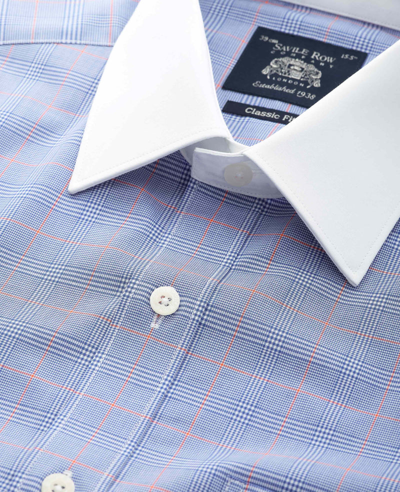 Blue Prince of Wales Check Cotton Poplin Classic Fit Winchester Formal Shirt - Double Cuff