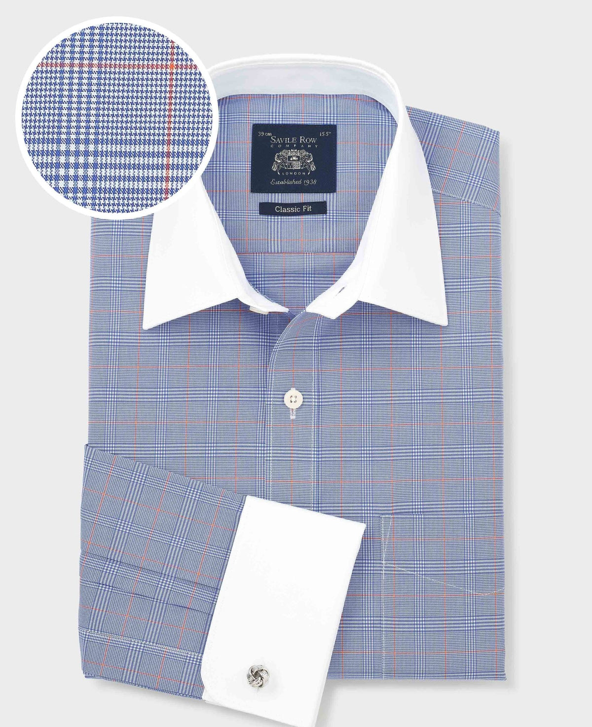 Men's Blue Prince of Wales Check Cotton Poplin Classic Fit Winchester Shirt With Double Cuffs folded shot