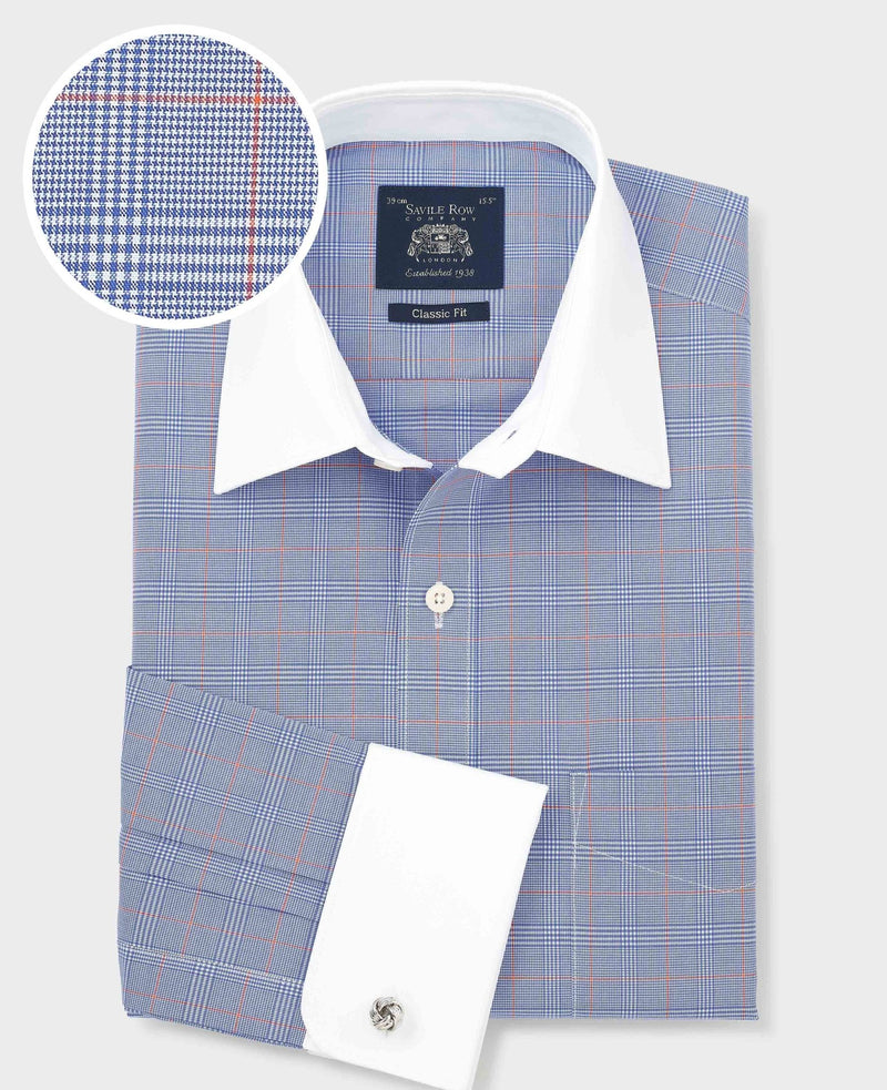 Blue Prince of Wales Check Cotton Poplin Classic Fit Winchester Formal Shirt - Double Cuff