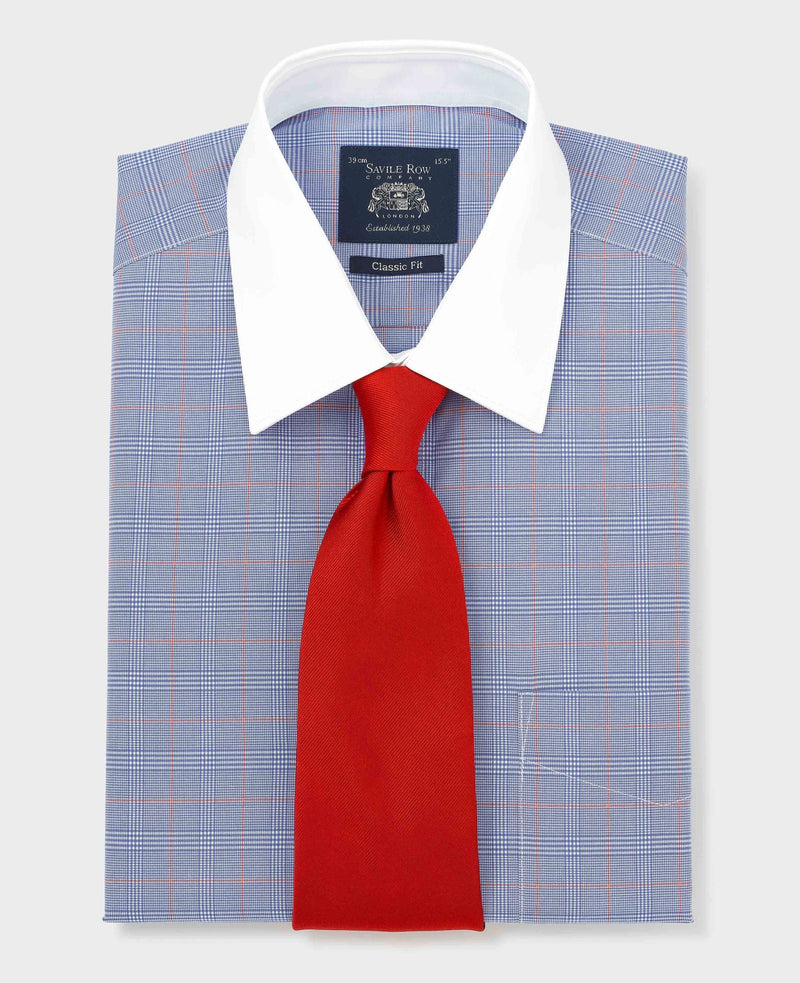 Blue Prince of Wales Check Cotton Poplin Classic Fit Winchester Formal Shirt - Double Cuff