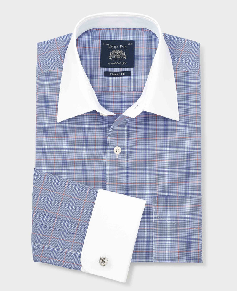 Blue Prince of Wales Check Cotton Poplin Classic Fit Winchester Formal Shirt - Double Cuff