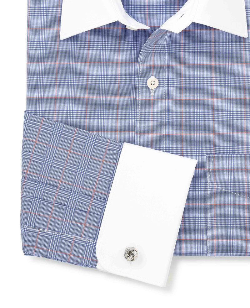 Blue Prince of Wales Check Cotton Poplin Classic Fit Winchester Formal Shirt - Double Cuff