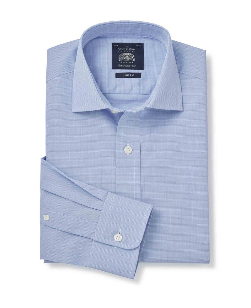 Blue Prince of Wales Check Slim Fit Formal Shirt - Single Cuff