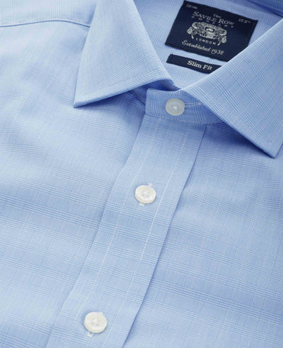 Blue Prince of Wales Check Slim Fit Formal Shirt - Single Cuff