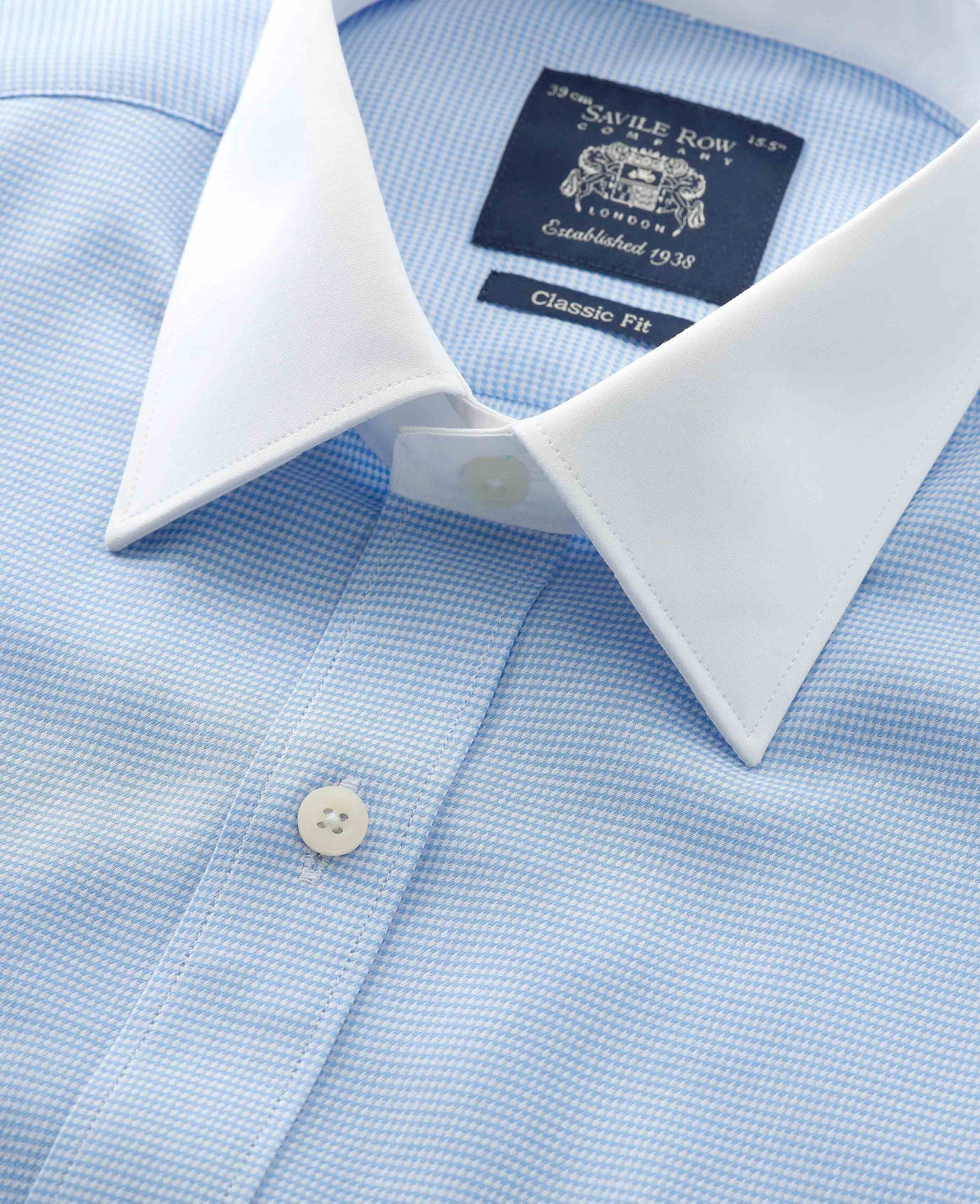 Men's Winchester Shirt in Blue Puppytooth with Double Cuffs | Savile Row Company Men's Winchester Shirt in Blue Puppytooth with Double Cuffs | Savile Row Company