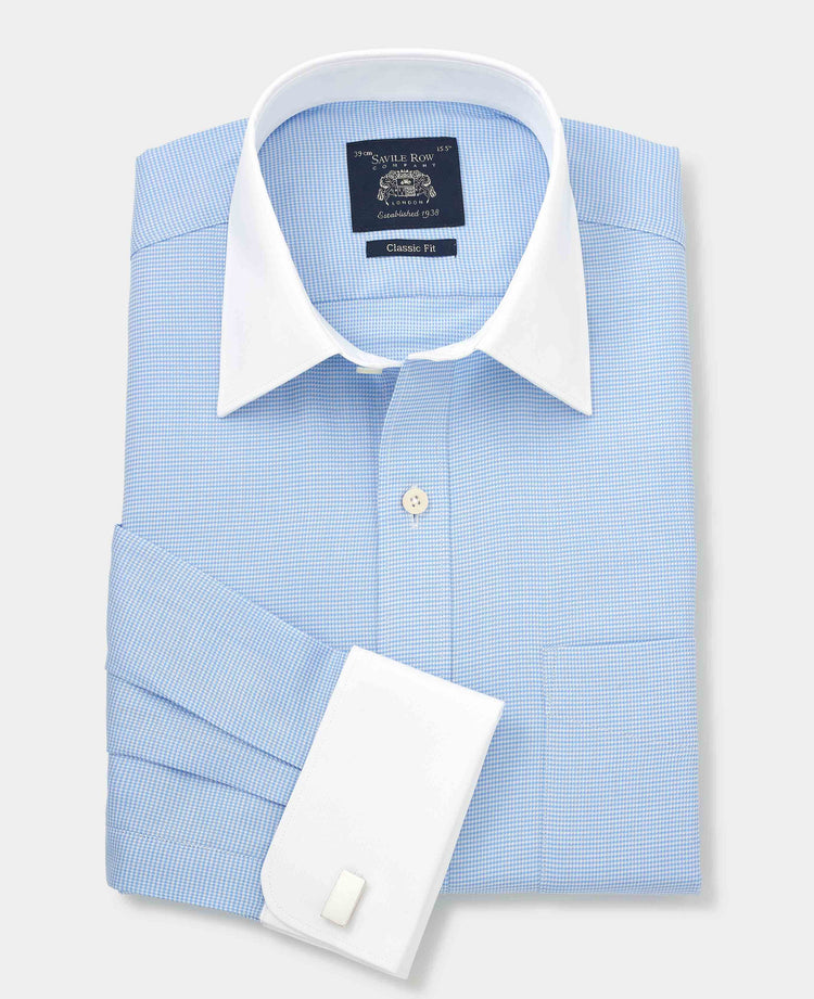 Blue Puppytooth Classic Fit Contrast Collar Shirt - Double Cuff