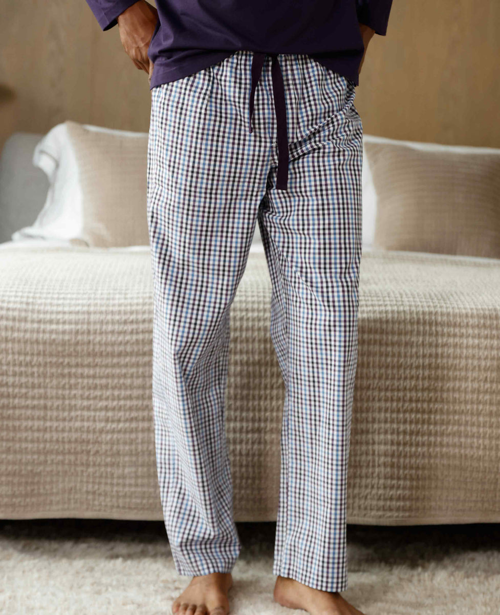 Men's Blue Multi Check Cotton Lounge Pants Savile Row Company