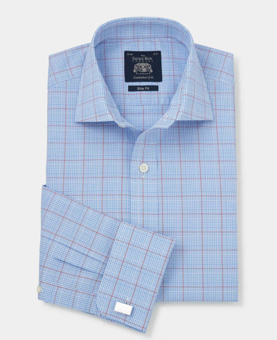 Blue Red Prince Of Wales Check Slim Fit Formal Shirt - Double Cuff