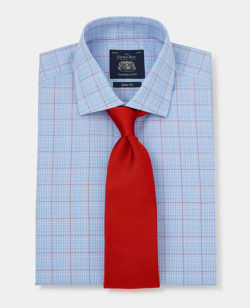 Men's Blue Red POW Check Slim Fit Formal Shirt With Double Cuffs
