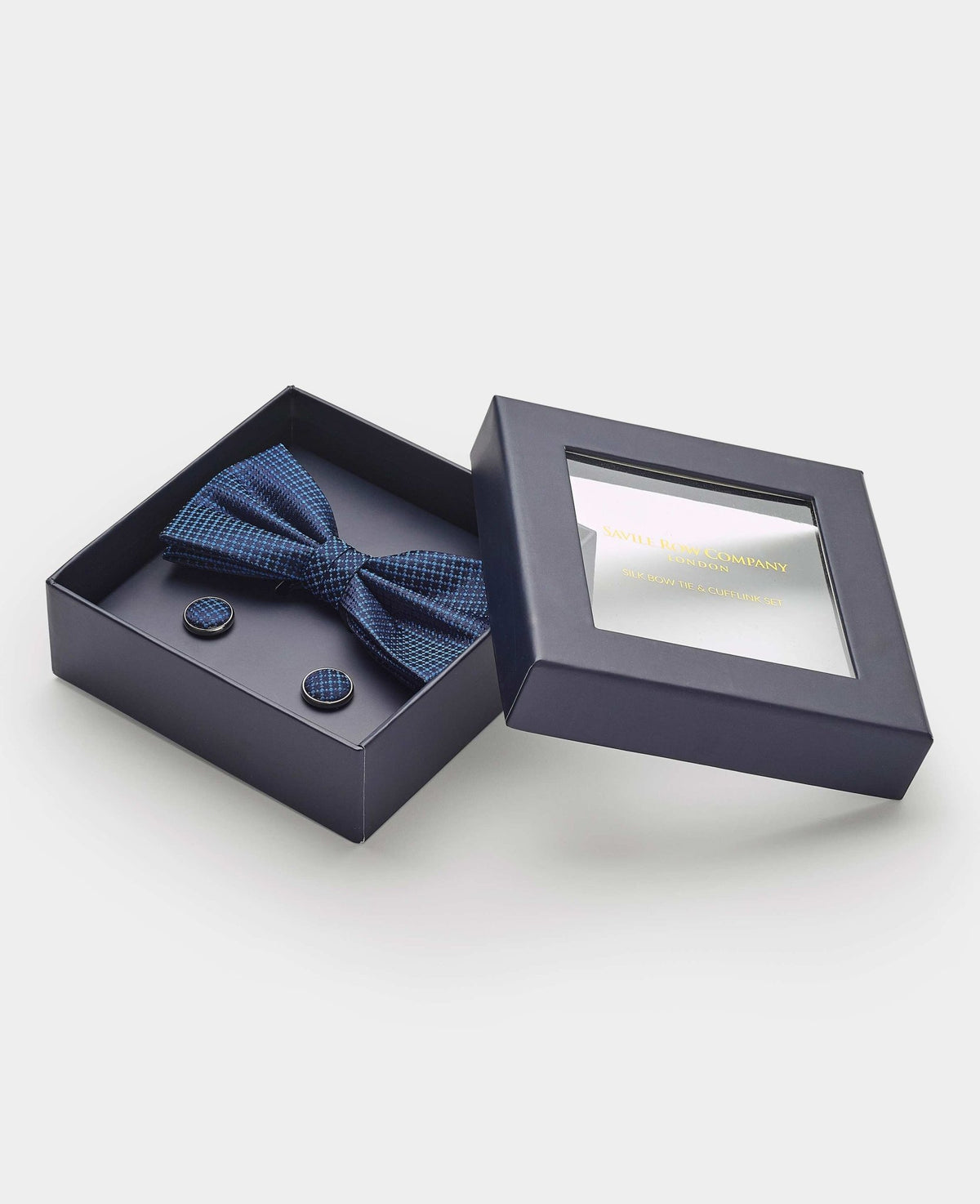 Men's Blue Silk Abstract Self Bow Tie & Cufflink Set in an open box