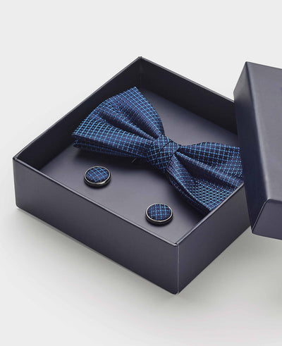 Blue Silk Abstract Self Bow Tie & Cufflink Set