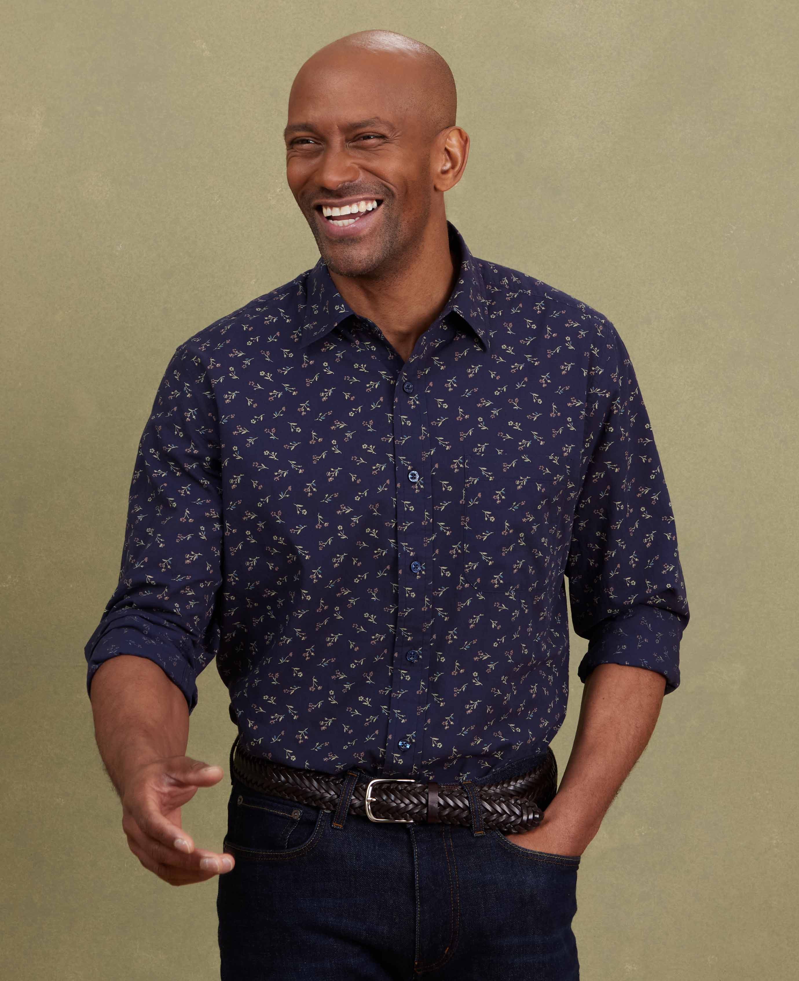Men's Navy Stretch Cotton Classic Fit Floral Casual Shirt | Savile