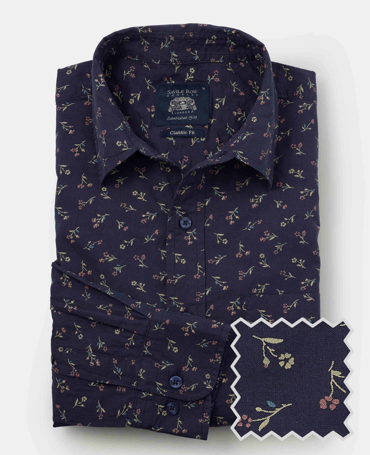 Men's Navy Stretch Cotton Classic Fit Floral Casual Shirt  product shot with swatch