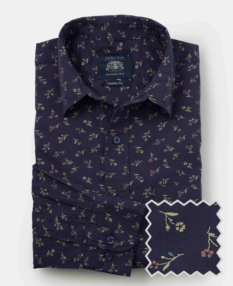 Navy Stretch Cotton Classic Fit Floral Casual Shirt