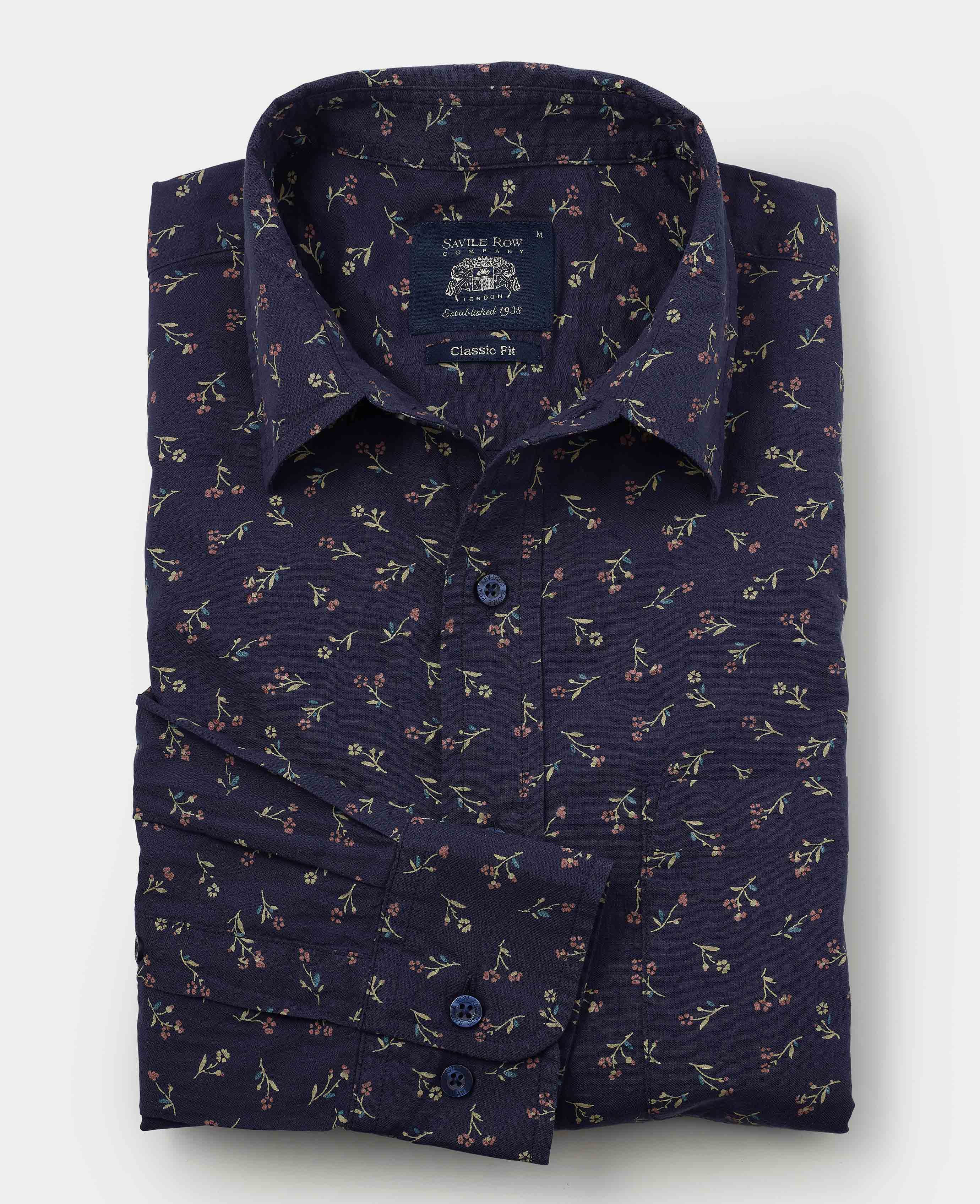 Men's Navy Stretch Cotton Classic Fit Floral Casual Shirt | Savile