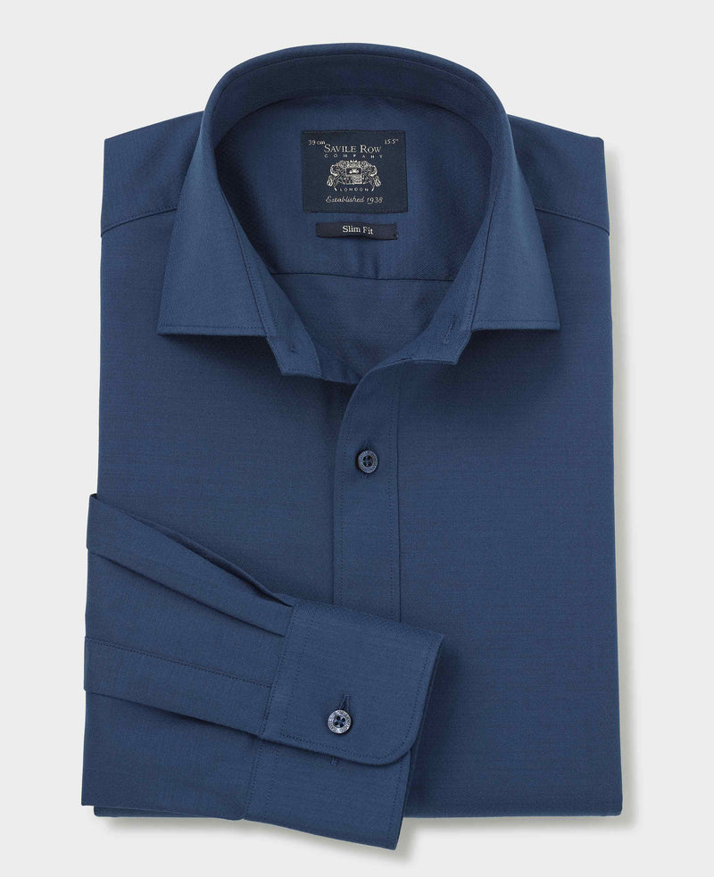 Blue Stretch Textured Cotton Slim Fit Formal Shirt - Single Cuff