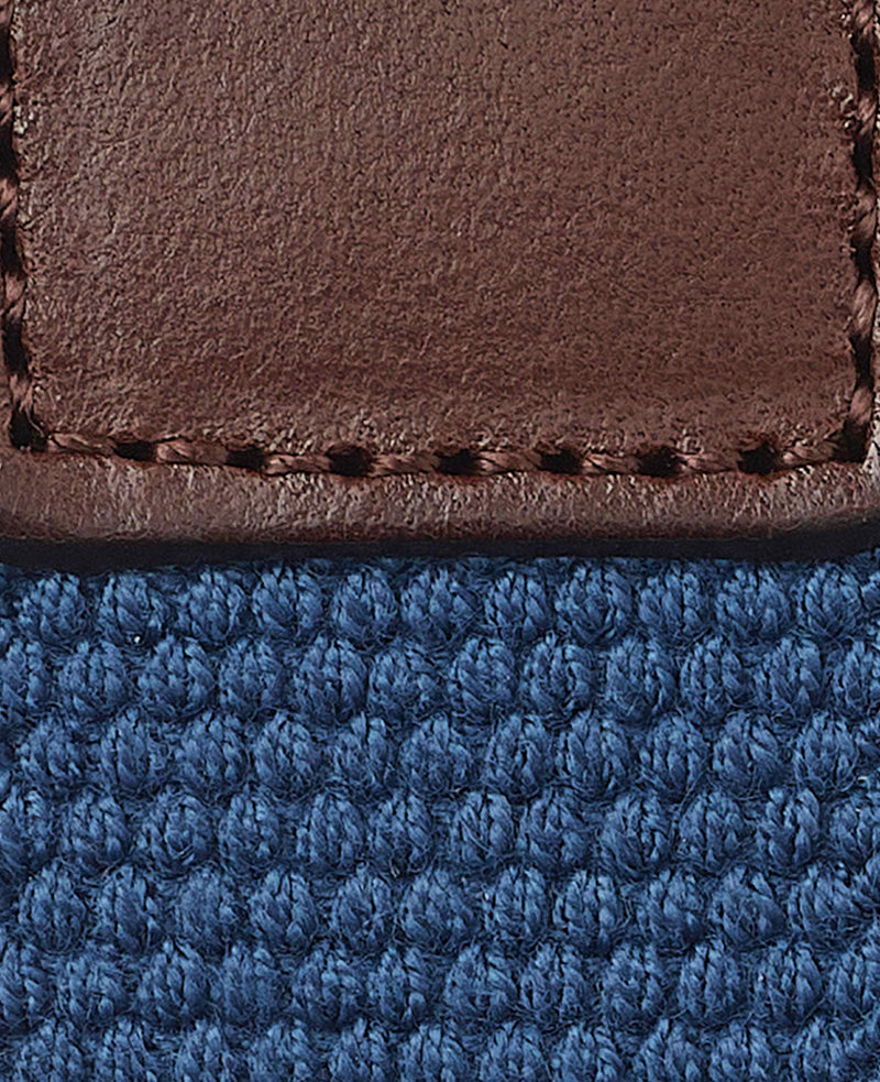 Men's Blue Stretch Woven Belt With Leather Tip fabric detail