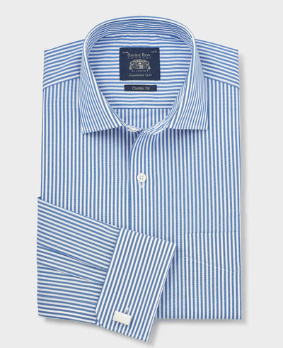 Blue Stripe Cotton Poplin Classic Fit Formal Shirt - Double Cuff