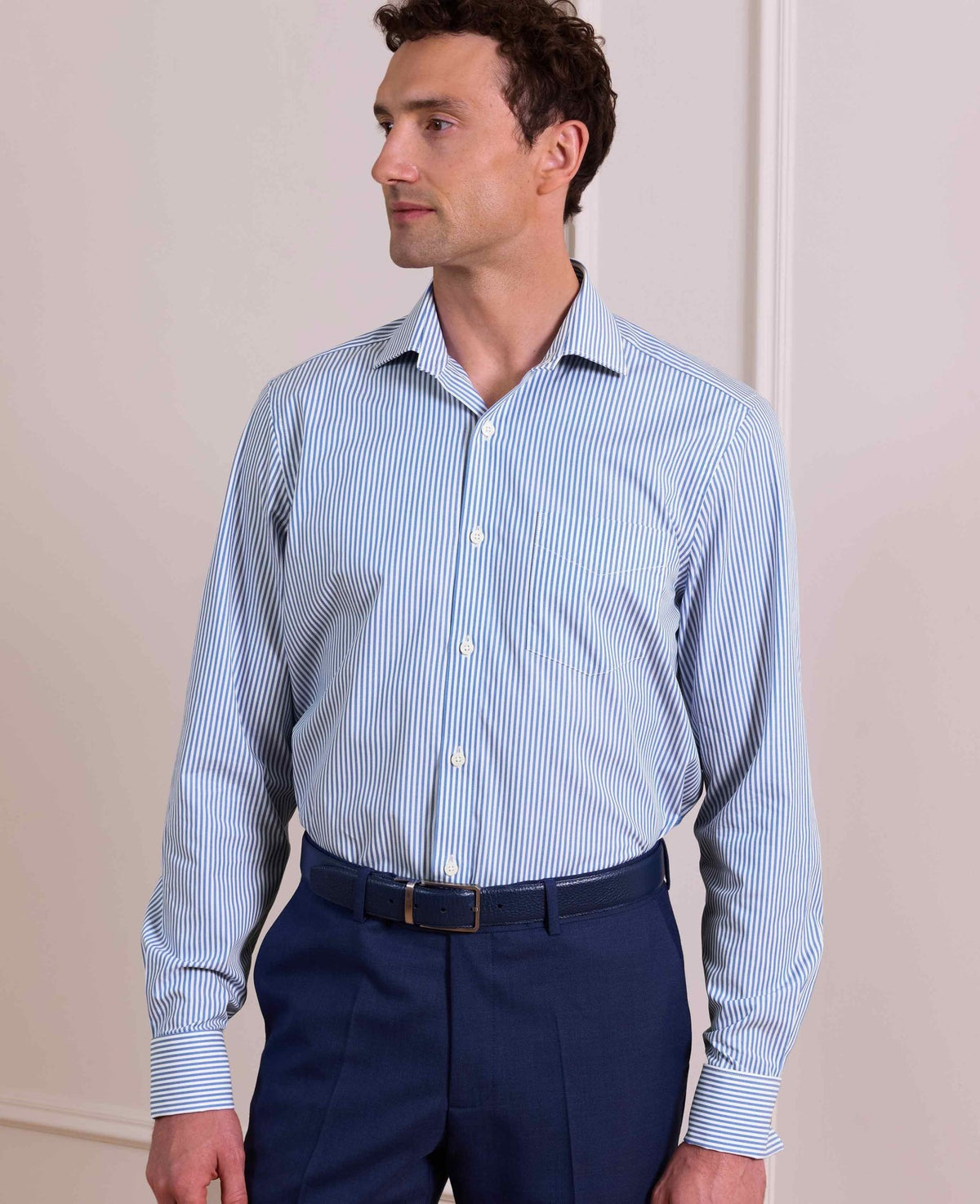 Blue Stripe Cotton Poplin Classic Fit Formal Shirt - Double Cuff
