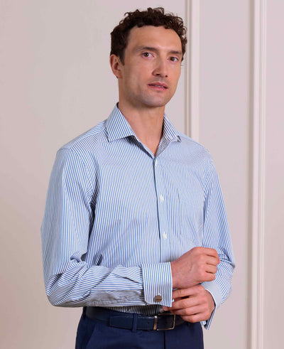 Blue Stripe Cotton Poplin Classic Fit Formal Shirt - Double Cuff