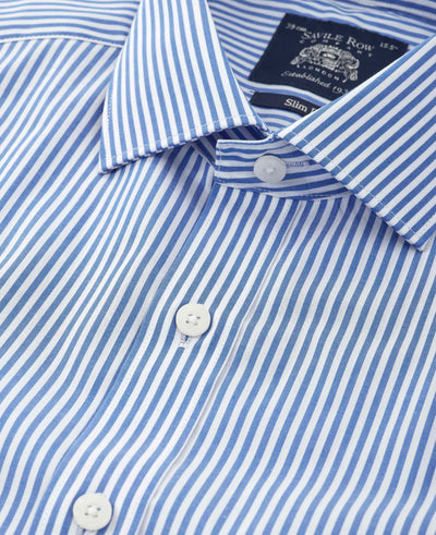 Blue Stripe Cotton Poplin Slim Fit Formal Shirt - Double Cuff