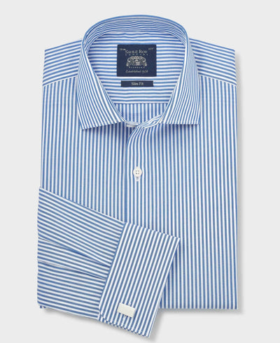 Blue Stripe Cotton Poplin Slim Fit Formal Shirt - Double Cuff