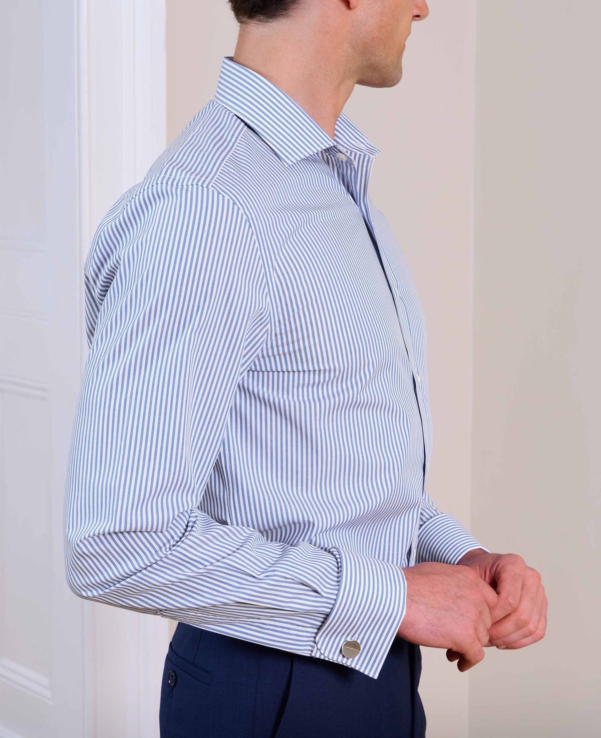 Blue Stripe Cotton Poplin Slim Fit Formal Shirt - Double Cuff