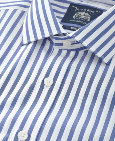 Blue Stripe Cotton Poplin Slim Fit Formal Shirt - Single Cuff