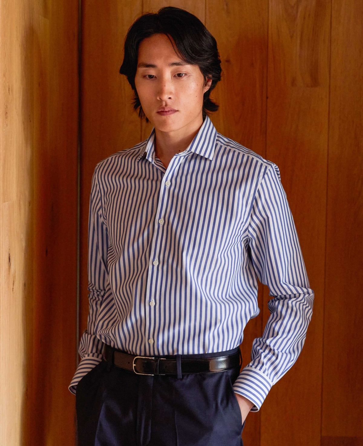 Blue Stripe Cotton Poplin Slim Fit Formal Shirt - Single Cuff