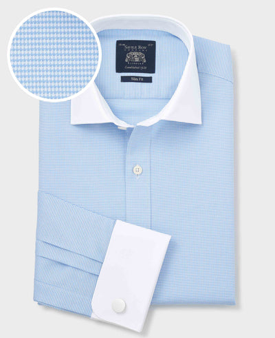Blue Textured Cotton Puppytooth Slim Fit Winchester Formal Shirt - Double Cuff