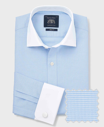 Blue Textured Cotton Puppytooth Slim Fit Winchester Formal Shirt - Double Cuff