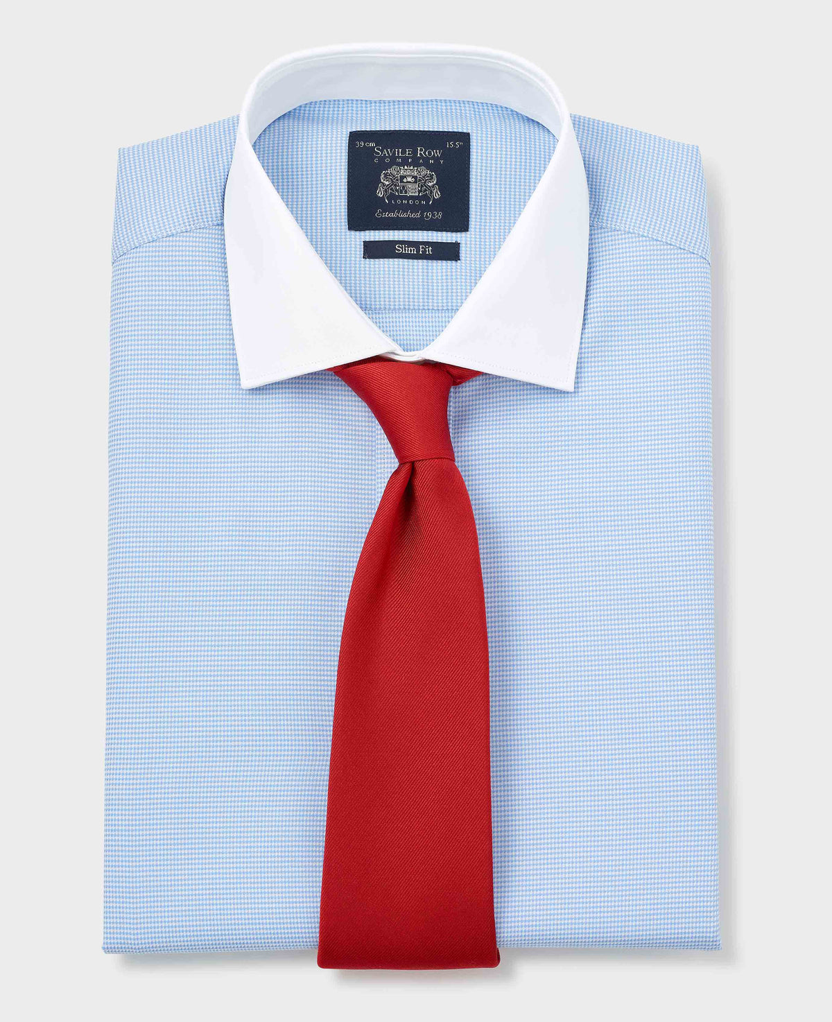 Men's Blue Textured Cotton Puppytooth Slim Fit Winchester Formal Shirt With Double Cuffs folded with tie