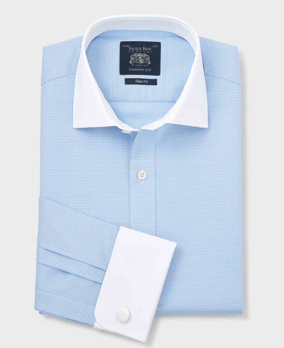 Blue Textured Cotton Puppytooth Slim Fit Winchester Formal Shirt - Double Cuff
