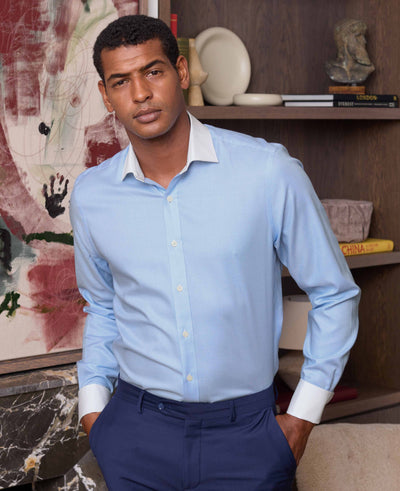 Blue Textured Cotton Puppytooth Slim Fit Winchester Formal Shirt - Double Cuff