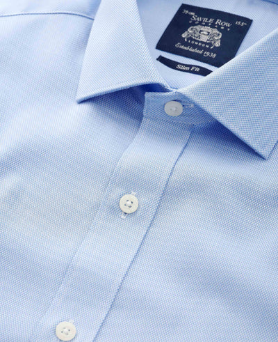 en's Blue Textured Cotton Slim Fit Formal Shirt collar detail