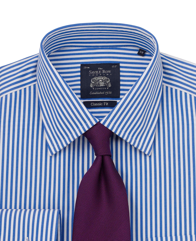 Blue Twill Stripe Classic Fit Non-Iron Shirt - Single Cuff - 2004ROY Collar Detail - Large Image