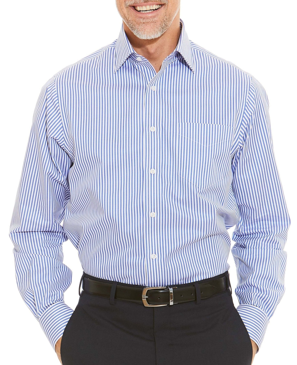 Blue Twill Stripe Classic Fit Non-Iron Shirt - Single Cuff Model Shot