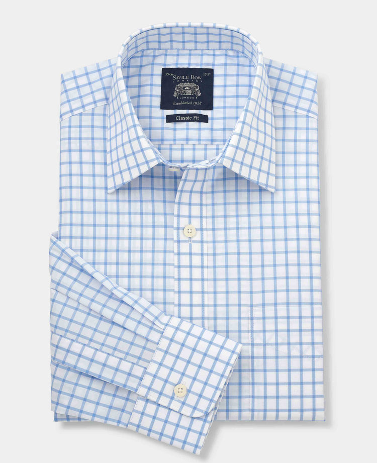 Blue White Check Classic Fit Shirt - Single Cuff