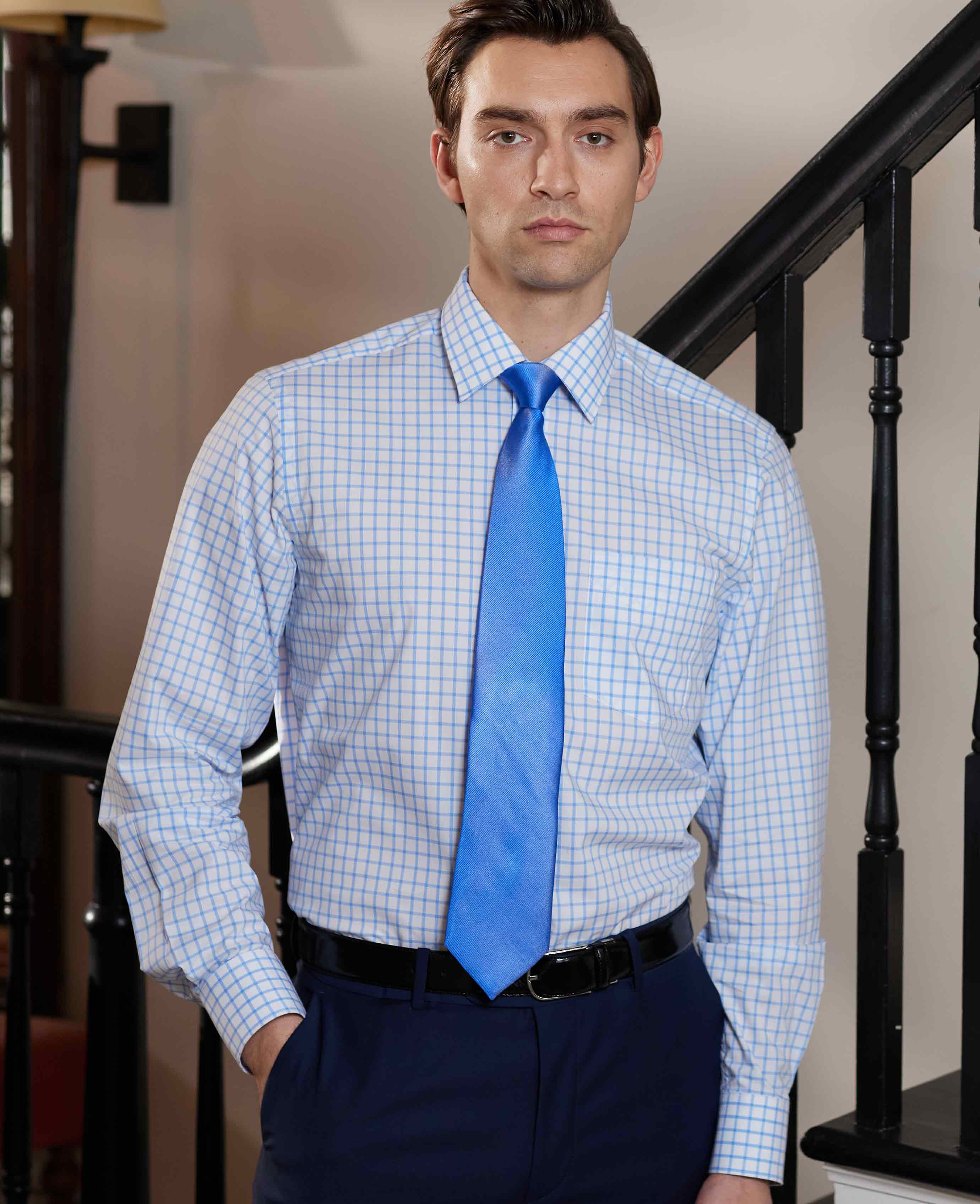 Men's Classic Fit Shirt in Blue White Check | Savile Row Company